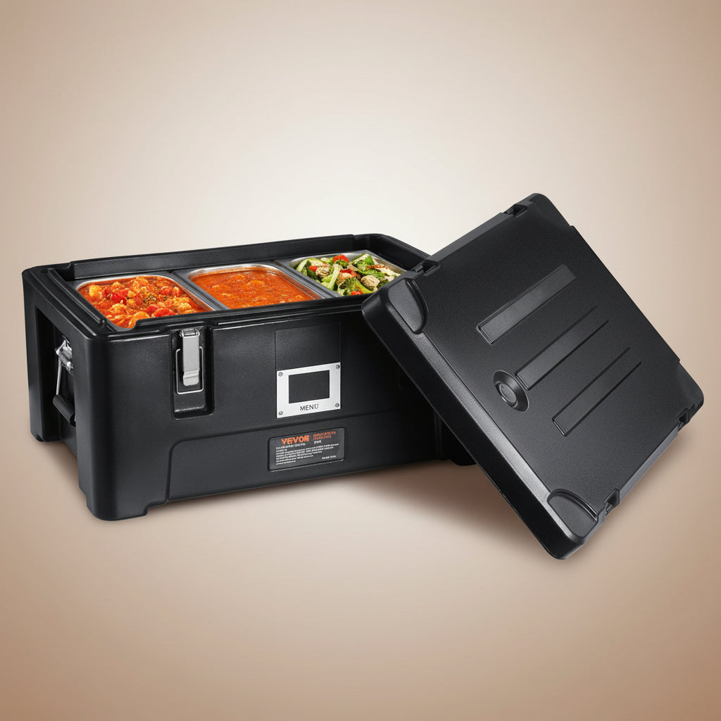 Black food warmer with open lid showing food inside on a white background