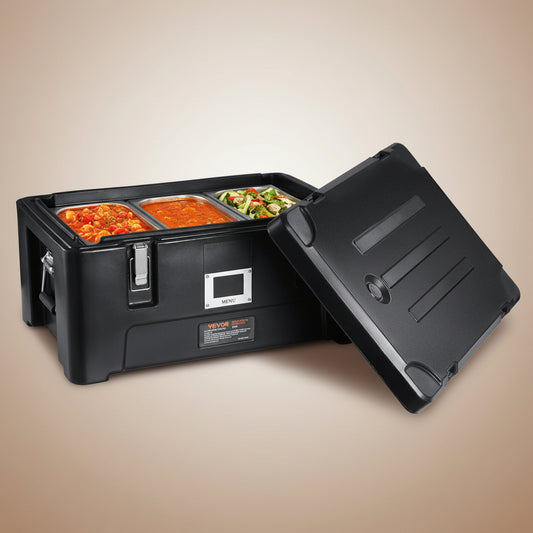 Black food warmer with open lid showing food inside on a white background