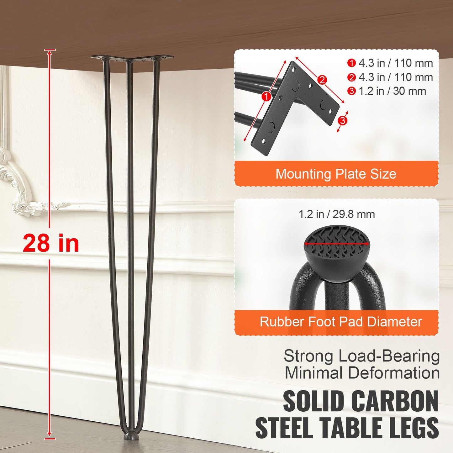 Hairpin Table Legs 0.7M, Set of 4 Desk Legs 408.2KG Load Capacity, Hairpin Desk Legs 3 Rods for Desk Chairs Bench Dining End Table, Solid Carbon Steel Heavy Duty Furniture Legs Black