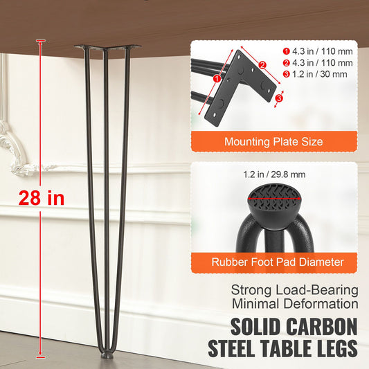 Hairpin Table Legs 0.7M, Set of 4 Desk Legs 408.2KG Load Capacity, Hairpin Desk Legs 3 Rods for Desk Chairs Bench Dining End Table, Solid Carbon Steel Heavy Duty Furniture Legs Black