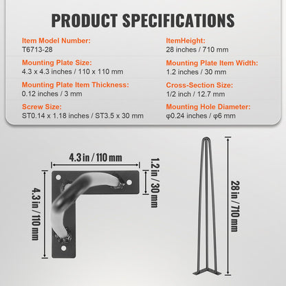 Hairpin Table Legs 0.7M, Set of 4 Desk Legs 408.2KG Load Capacity, Hairpin Desk Legs 3 Rods for Desk Chairs Bench Dining End Table, Solid Carbon Steel Heavy Duty Furniture Legs Black