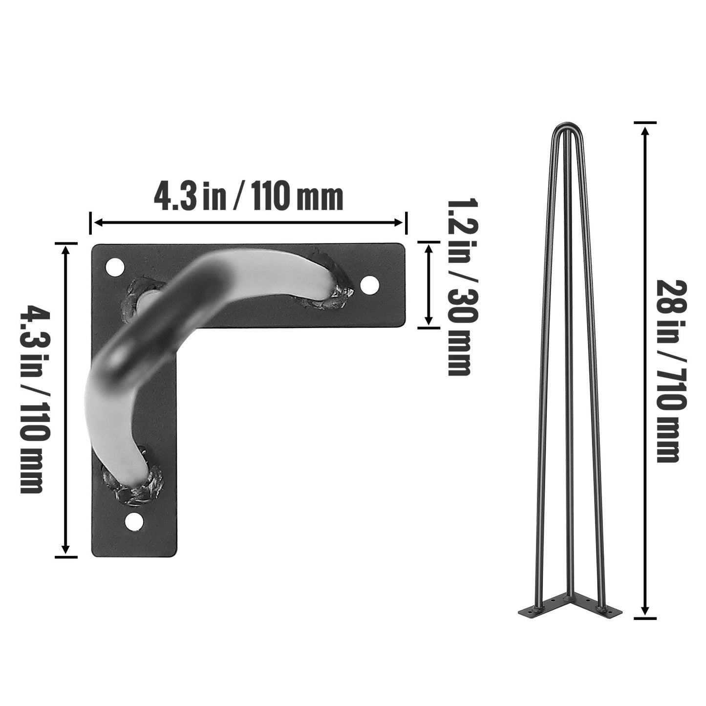 Hairpin Table Legs 0.7M, Set of 4 Desk Legs 408.2KG Load Capacity, Hairpin Desk Legs 3 Rods for Desk Chairs Bench Dining End Table, Solid Carbon Steel Heavy Duty Furniture Legs Black