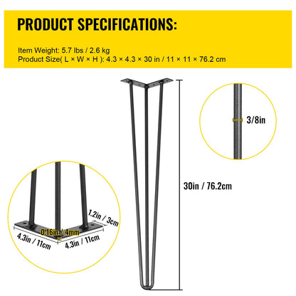 Hairpin Table Legs 30 inch Black Set of 4 Desk Legs Each 220lbs Capacity Hairpin Desk Legs 3 Rods for Bench Desk Dining End Table Chairs Carbon Steel DIY Table Legs Heavy Duty Furniture Legs