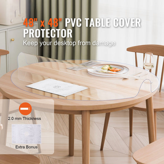 PVC table cover protector on a round wooden table with text indicating size and thickness.