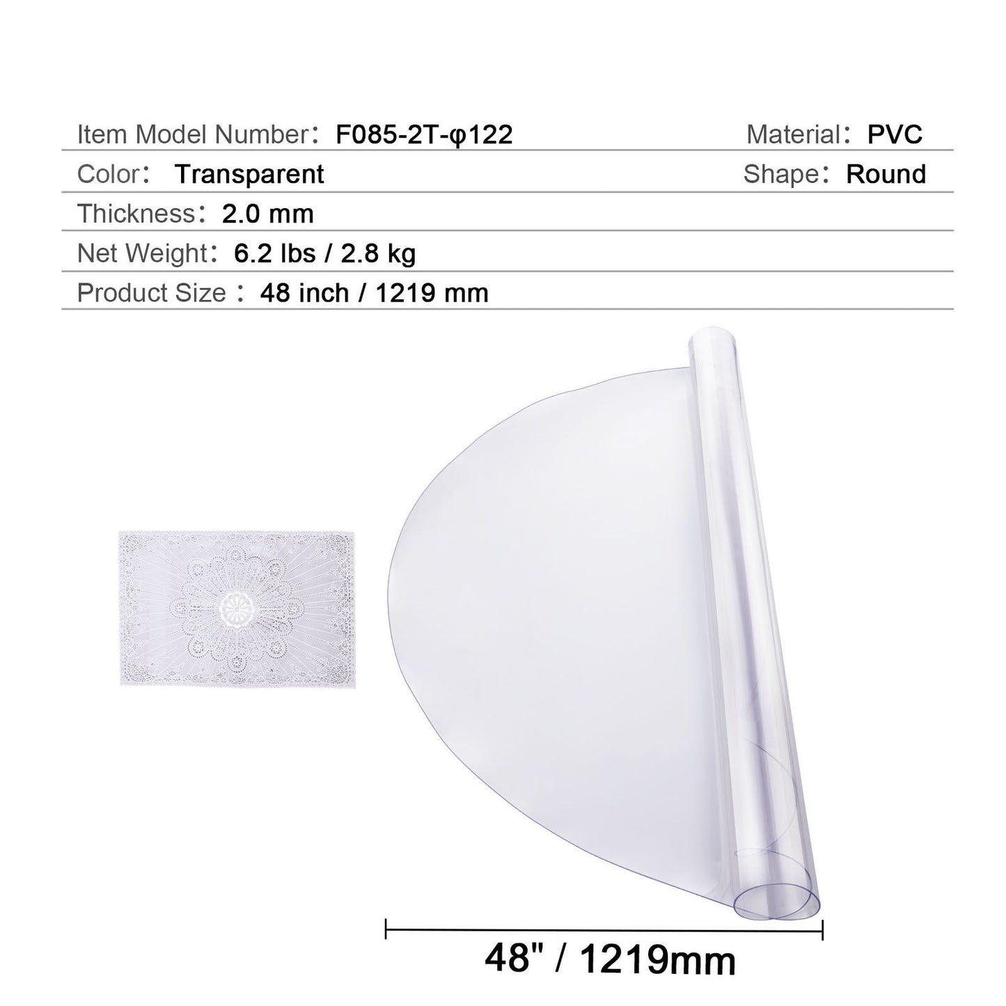 Plastic Table Cover, 48 x 48 Inch 2.0 mm Thick Clear Table Protector, Round PVC Desk Mat, Waterproof & Easy Cleaning Desk Pad Tablecloth, for Office Dresser Dining Room Table Night Stand