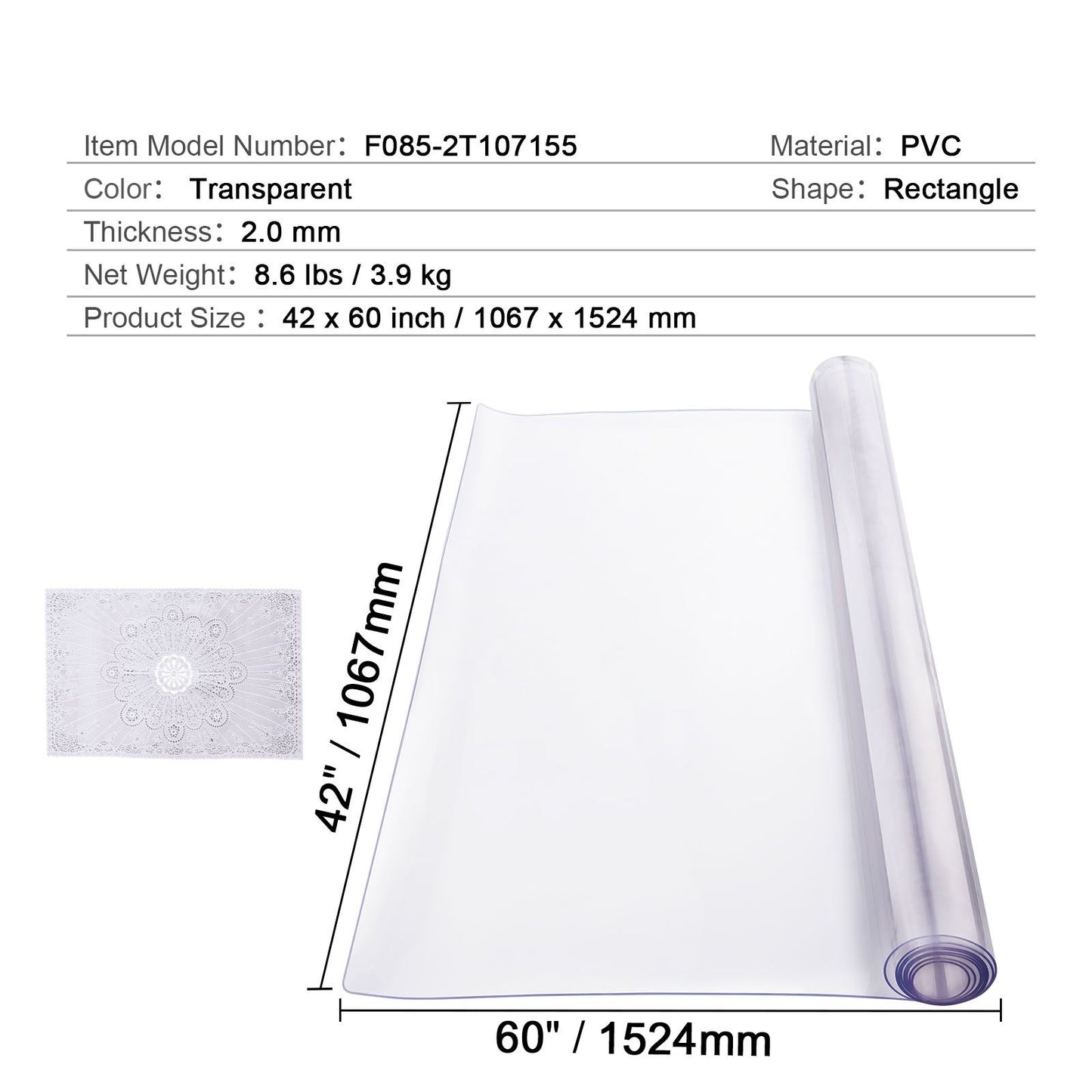 Plastic Table Cover, 42 x 60 Inch 2.0 mm Thick Clear Table Protector, Rectangle PVC Desk Mat, Waterproof & Easy Cleaning Desk Pad Tablecloth, for Office Dresser Dining Room Table Night Stand