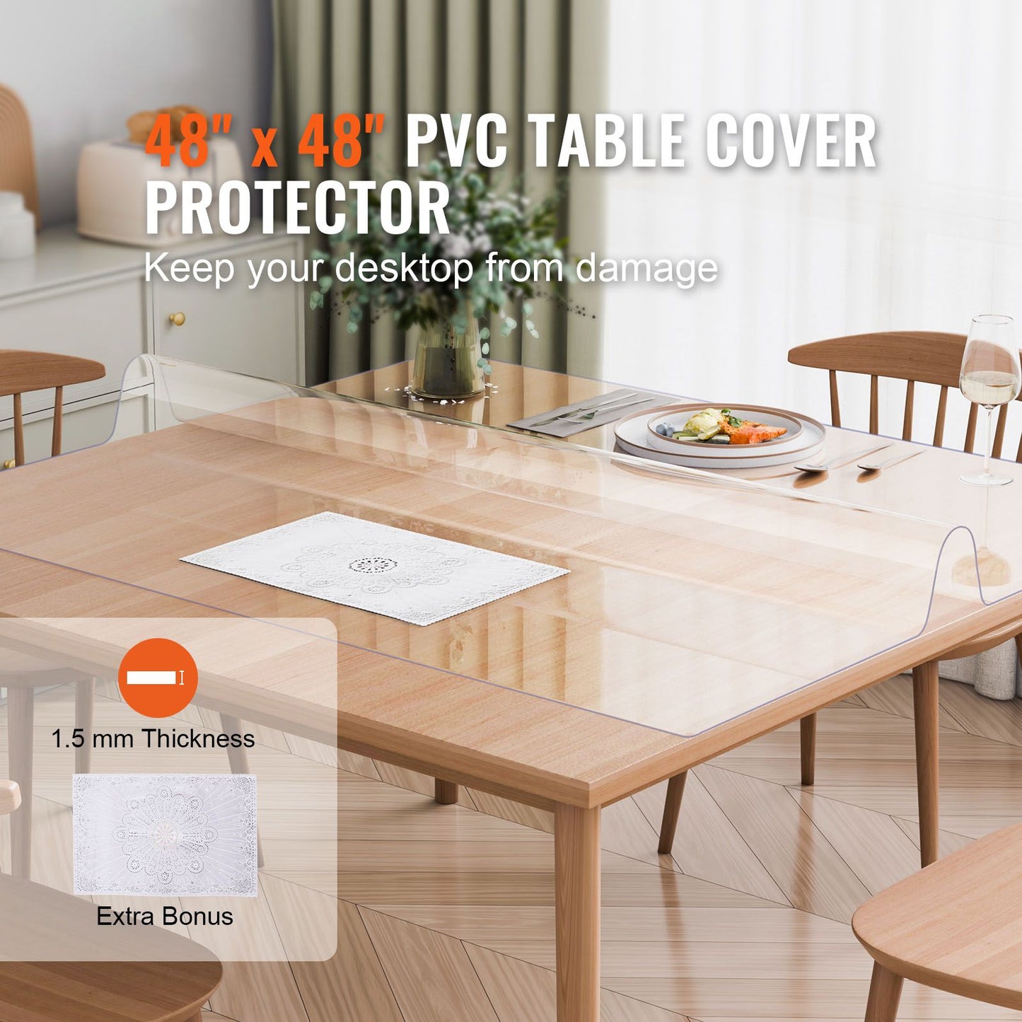 Plastic Table Cover, 48 x 48 Inch 1.5 mm Thick Clear Table Protector, Square PVC Desk Mat, Waterproof & Easy Cleaning Desk Pad Tablecloth, for Office Dresser Dining Room Table Night Stand