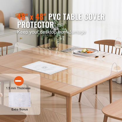Plastic Table Cover, 48 x 48 Inch 1.5 mm Thick Clear Table Protector, Square PVC Desk Mat, Waterproof & Easy Cleaning Desk Pad Tablecloth, for Office Dresser Dining Room Table Night Stand