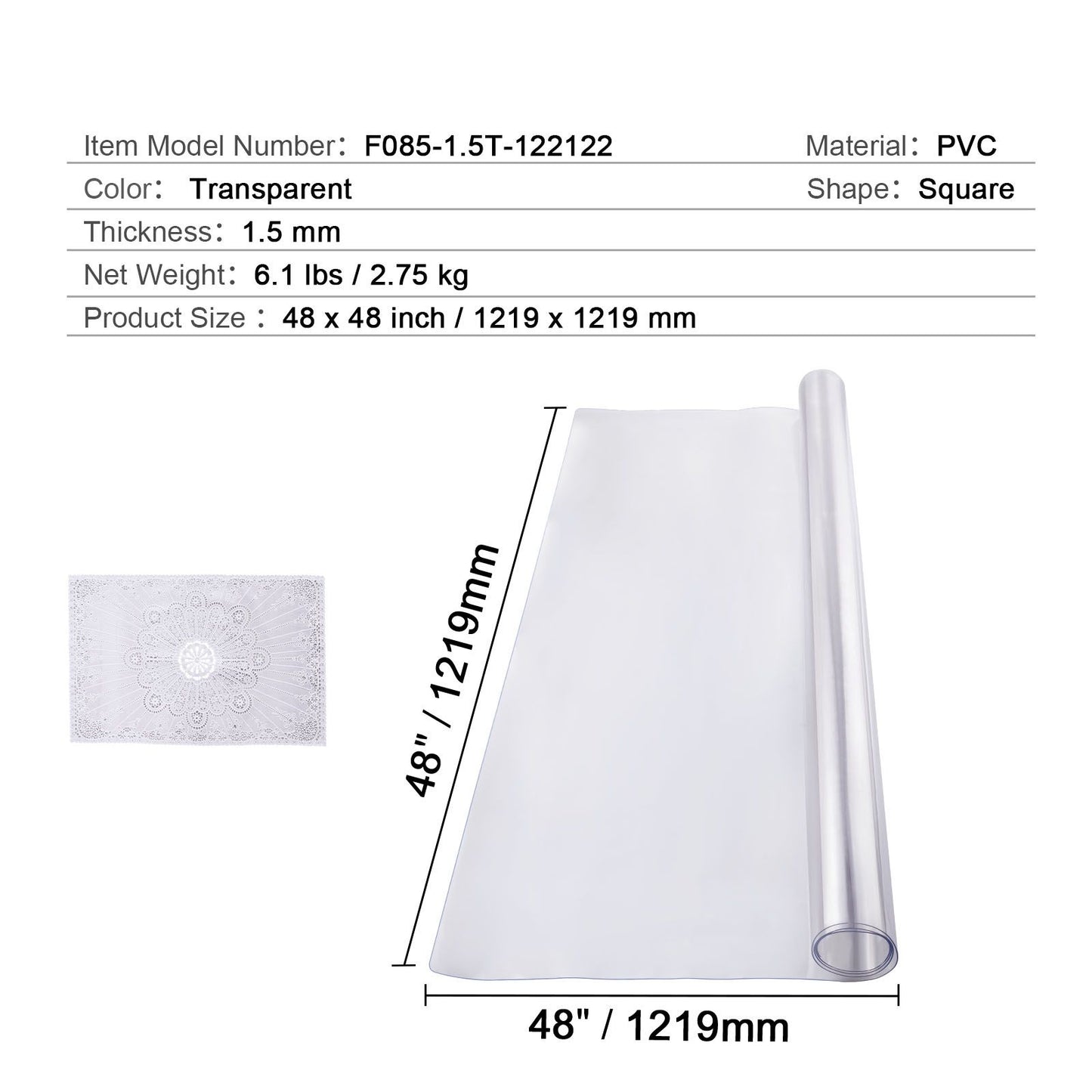 Plastic Table Cover, 48 x 48 Inch 1.5 mm Thick Clear Table Protector, Square PVC Desk Mat, Waterproof & Easy Cleaning Desk Pad Tablecloth, for Office Dresser Dining Room Table Night Stand