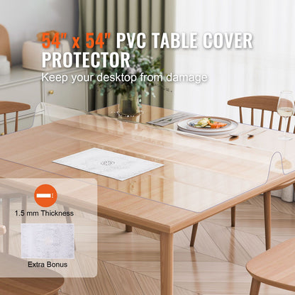 Plastic Table Cover, 54 x 54 Inch 1.5 mm Thick Clear Table Protector, Square PVC Desk Mat, Waterproof & Easy Cleaning Desk Pad Tablecloth, for Office Dresser Dining Room Table Night Stand