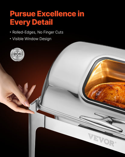 Roll Top Chafing Dish Buffet Complete Set, 9 Qt 1 Pack Stainless Steel Chafer with 2 Half Size Pans, Rectangle Catering Warmer Server with Visible Lid Water Pan Folding Stand Fuel Holder, Silver
