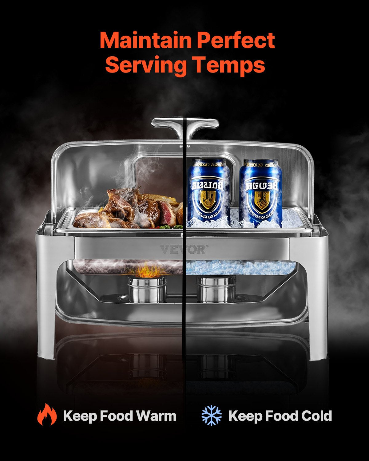 Roll Top Chafing Dish Buffet Complete Set, 9 Qt 1 Pack Stainless Steel Chafer with 2 Half Size Pans, Rectangle Catering Warmer Server with Visible Lid Water Pan Folding Stand Fuel Holder, Silver