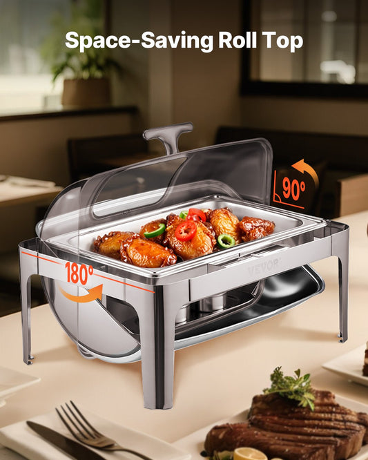 Roll Top Chafing Dish Buffet Complete Set, 9 Qt 1 Pack Stainless Steel Chafer with 2 Half Size Pans, Rectangle Catering Warmer Server with Visible Lid Water Pan Folding Stand Fuel Holder, Silver