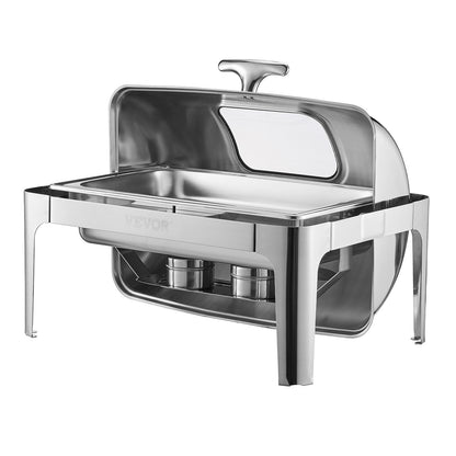 Roll Top Chafing Dish Buffet Complete Set, 9 Qt 1 Pack Stainless Steel Chafer with 2 Half Size Pans, Rectangle Catering Warmer Server with Visible Lid Water Pan Folding Stand Fuel Holder, Silver