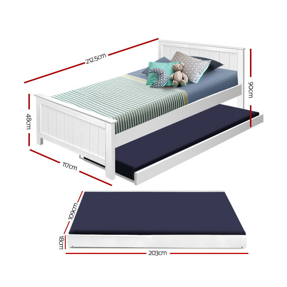 Artiss Bed Frame King Single Size Wooden Trundle Daybed White ELVIS - Furniture > Bedroom > Beds & Bed Frames