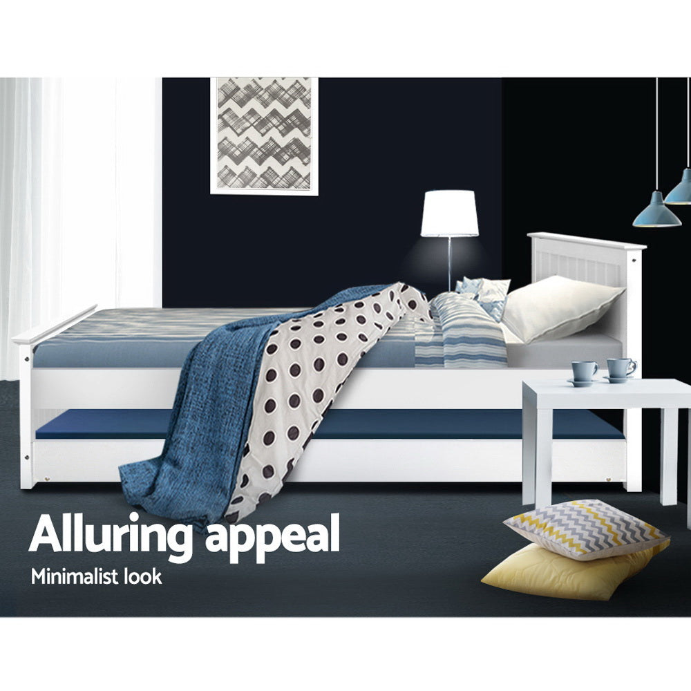 Artiss Bed Frame King Single Size Wooden Trundle Daybed White ELVIS - Furniture > Bedroom > Beds & Bed Frames