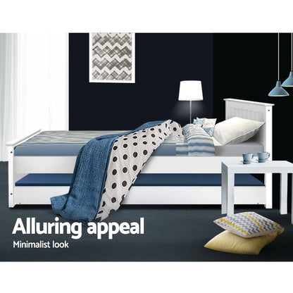 Artiss Bed Frame King Single Size Wooden Trundle Daybed White ELVIS - Furniture > Bedroom > Beds & Bed Frames