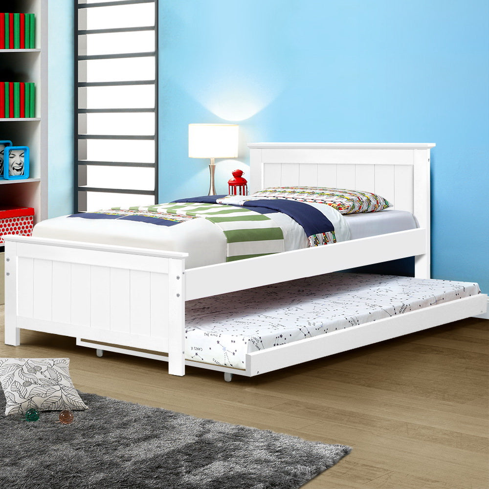 Artiss Bed Frame King Single Size Wooden Trundle Daybed White ELVIS - Furniture > Bedroom > Beds & Bed Frames