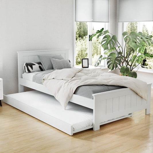 Artiss Bed Frame King Single Size Wooden Trundle Daybed White ELVIS - Furniture > Bedroom > Beds & Bed Frames