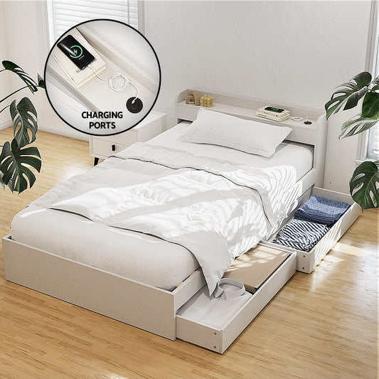 Artiss Bed Frame Single Size with Charging Ports and 2 Drawers AURA - Furniture > Bedroom > Beds & Bed Frames