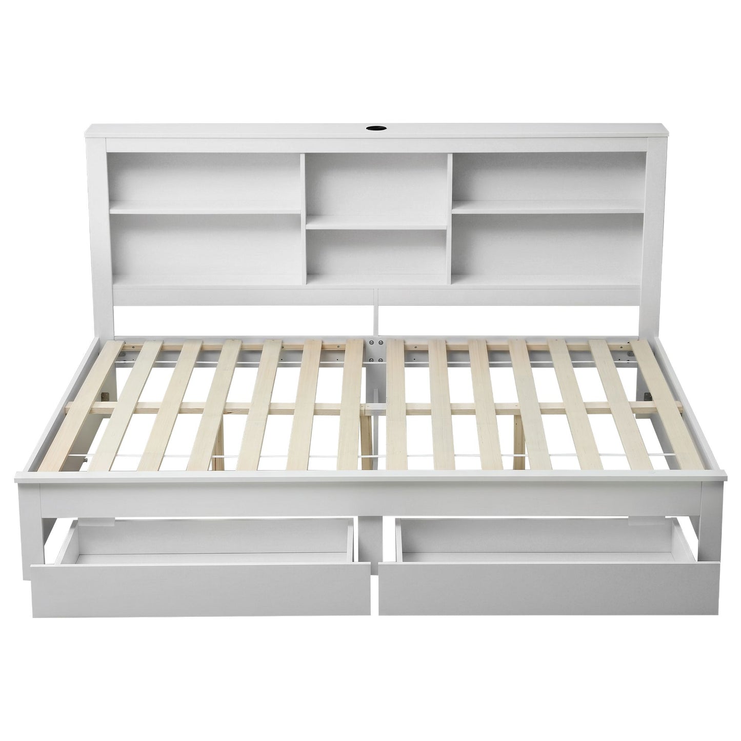 Noise-Free White Farmhouse Solid Wood Double Platform Bed Frame with Storage Headboard, Charging Station and Drawers for Bedroom and Apartment
