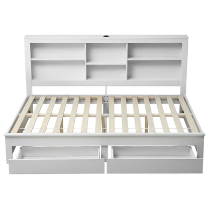 Noise-Free White Farmhouse Solid Wood Double Platform Bed Frame with Storage Headboard, Charging Station and Drawers for Bedroom and Apartment