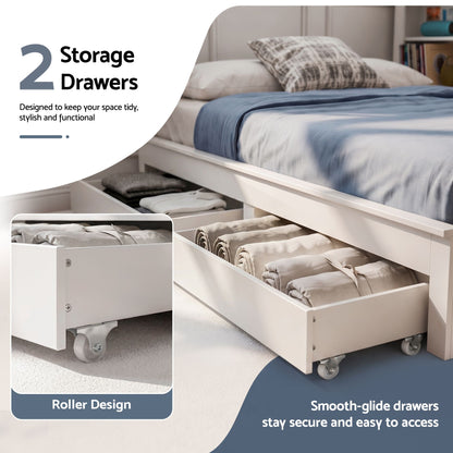 Noise-Free White Farmhouse Solid Wood Double Platform Bed Frame with Storage Headboard, Charging Station and Drawers for Bedroom and Apartment