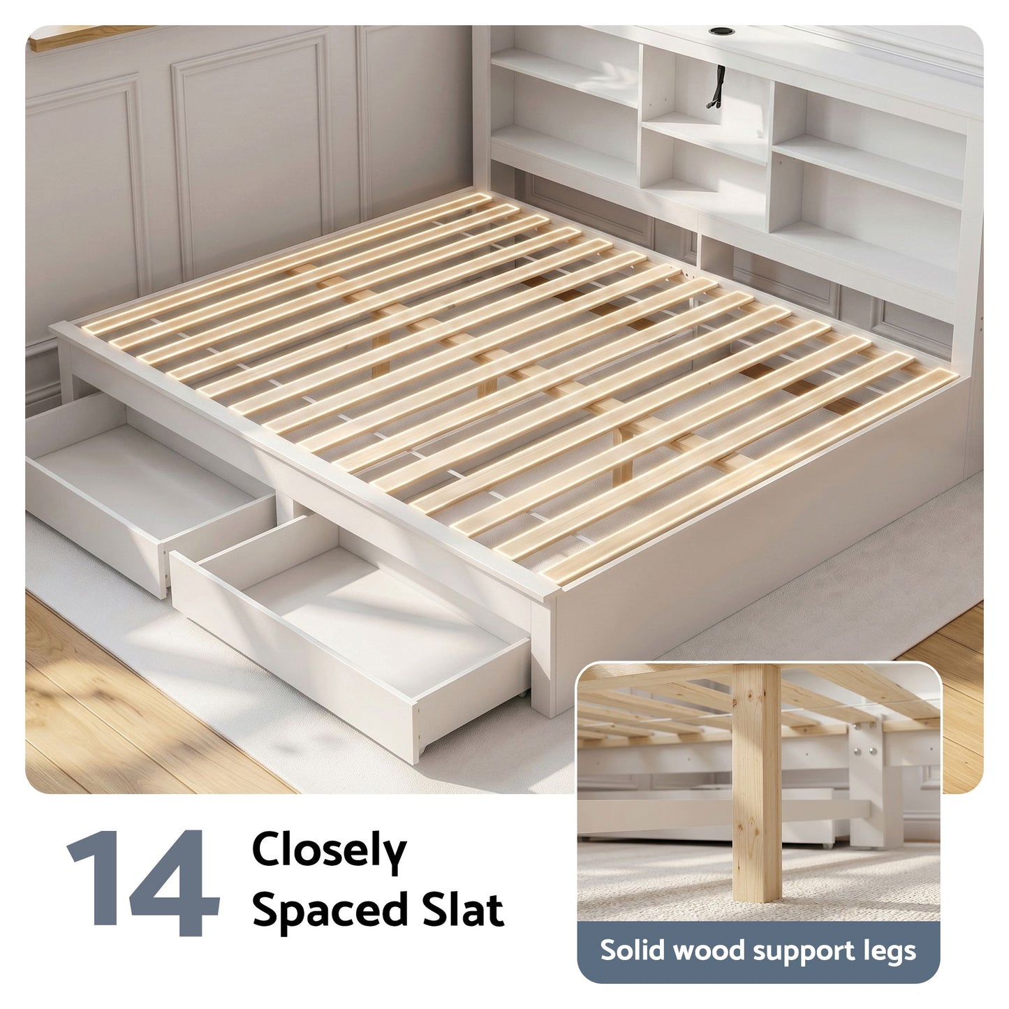 Noise-Free White Farmhouse Solid Wood Double Platform Bed Frame with Storage Headboard, Charging Station and Drawers for Bedroom and Apartment