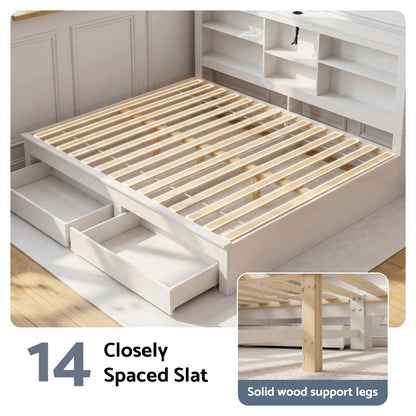 Noise-Free White Farmhouse Solid Wood Double Platform Bed Frame with Storage Headboard, Charging Station and Drawers for Bedroom and Apartment
