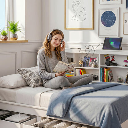 Noise-Free White Farmhouse Solid Wood Double Platform Bed Frame with Storage Headboard, Charging Station and Drawers for Bedroom and Apartment