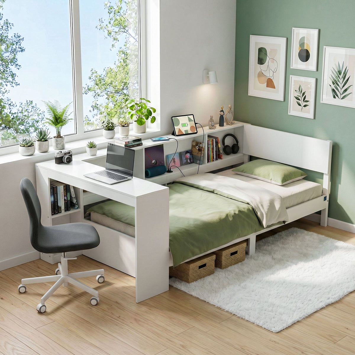 White Single Solid Wood Corner Platform Bed Frame with Built-in Desk, Storage Shelves and USB-C Charging Station for Small Spaces, Wooden Bed Base for Guest Room