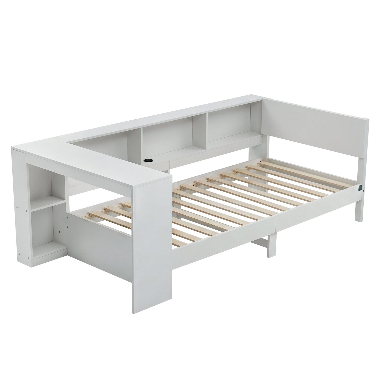 White Single Solid Wood Corner Platform Bed Frame with Built-in Desk, Storage Shelves and USB-C Charging Station for Small Spaces, Wooden Bed Base for Guest Room
