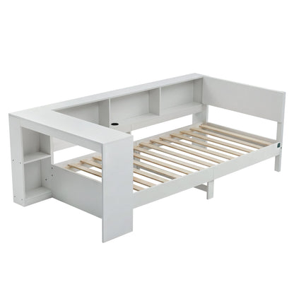 White Single Solid Wood Corner Platform Bed Frame with Built-in Desk, Storage Shelves and USB-C Charging Station for Small Spaces, Wooden Bed Base for Guest Room