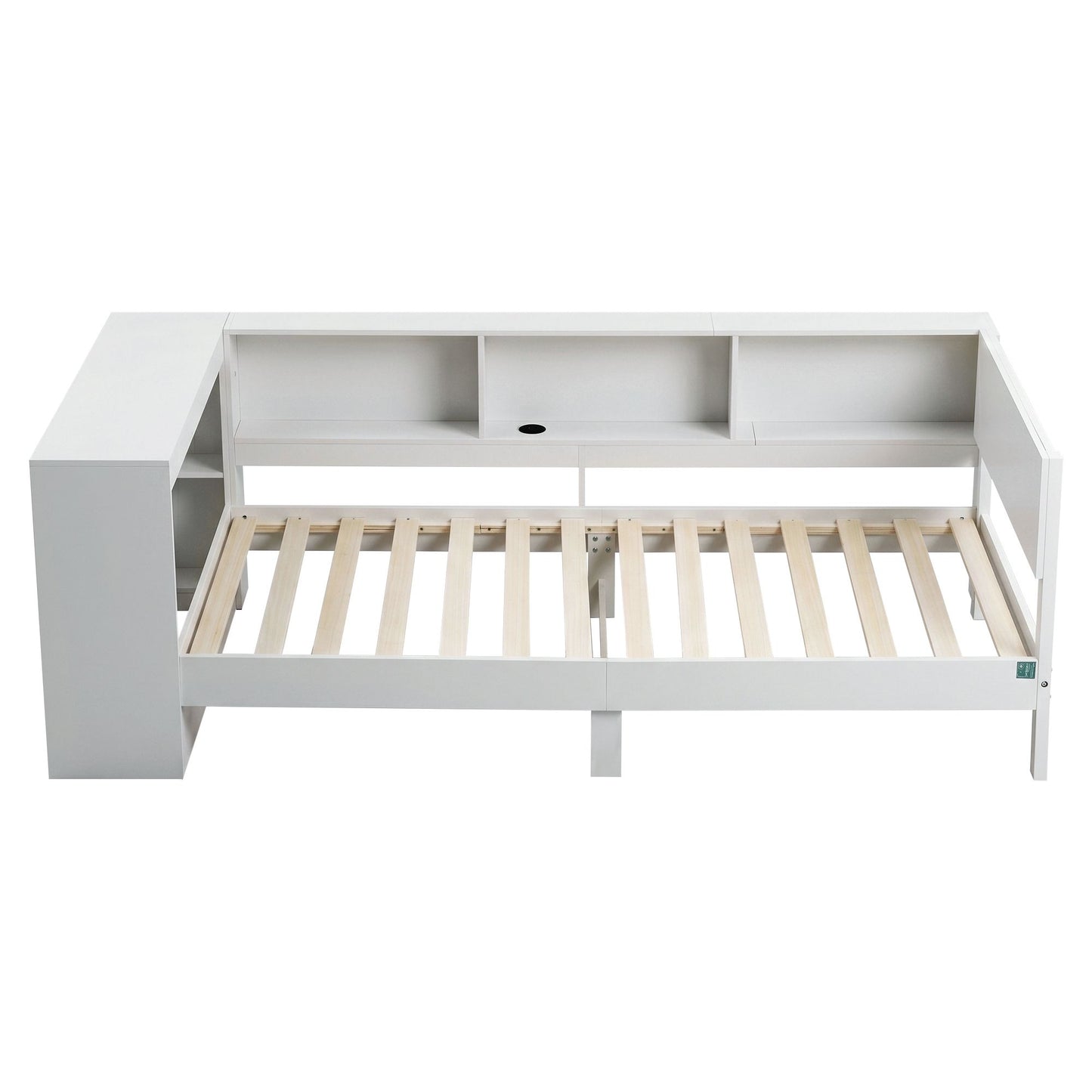 White Single Solid Wood Corner Platform Bed Frame with Built-in Desk, Storage Shelves and USB-C Charging Station for Small Spaces, Wooden Bed Base for Guest Room