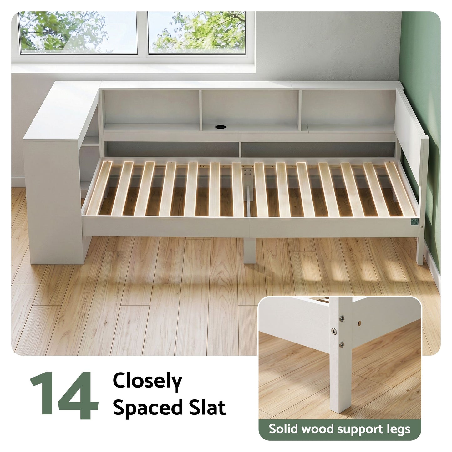 White Single Solid Wood Corner Platform Bed Frame with Built-in Desk, Storage Shelves and USB-C Charging Station for Small Spaces, Wooden Bed Base for Guest Room