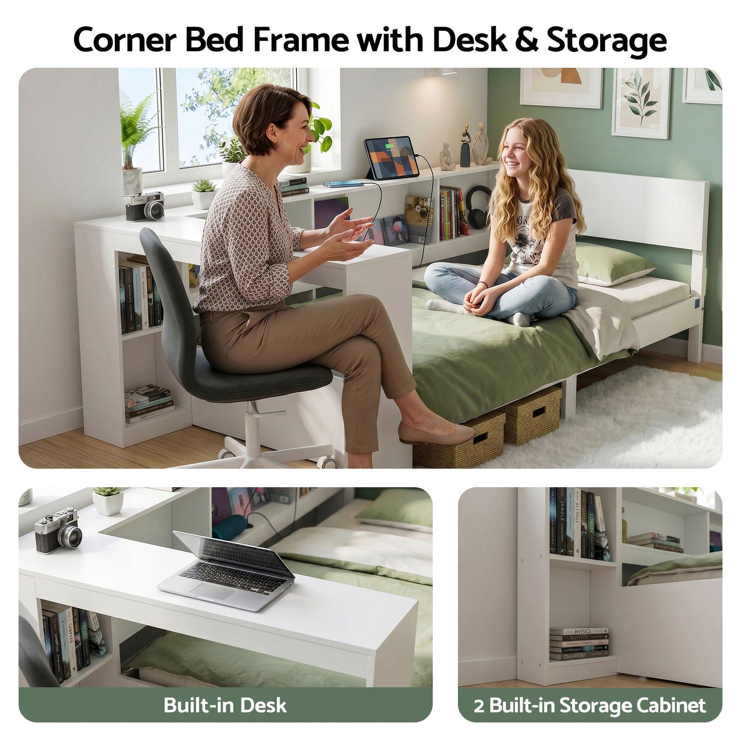 White Single Solid Wood Corner Platform Bed Frame with Built-in Desk, Storage Shelves and USB-C Charging Station for Small Spaces, Wooden Bed Base for Guest Room