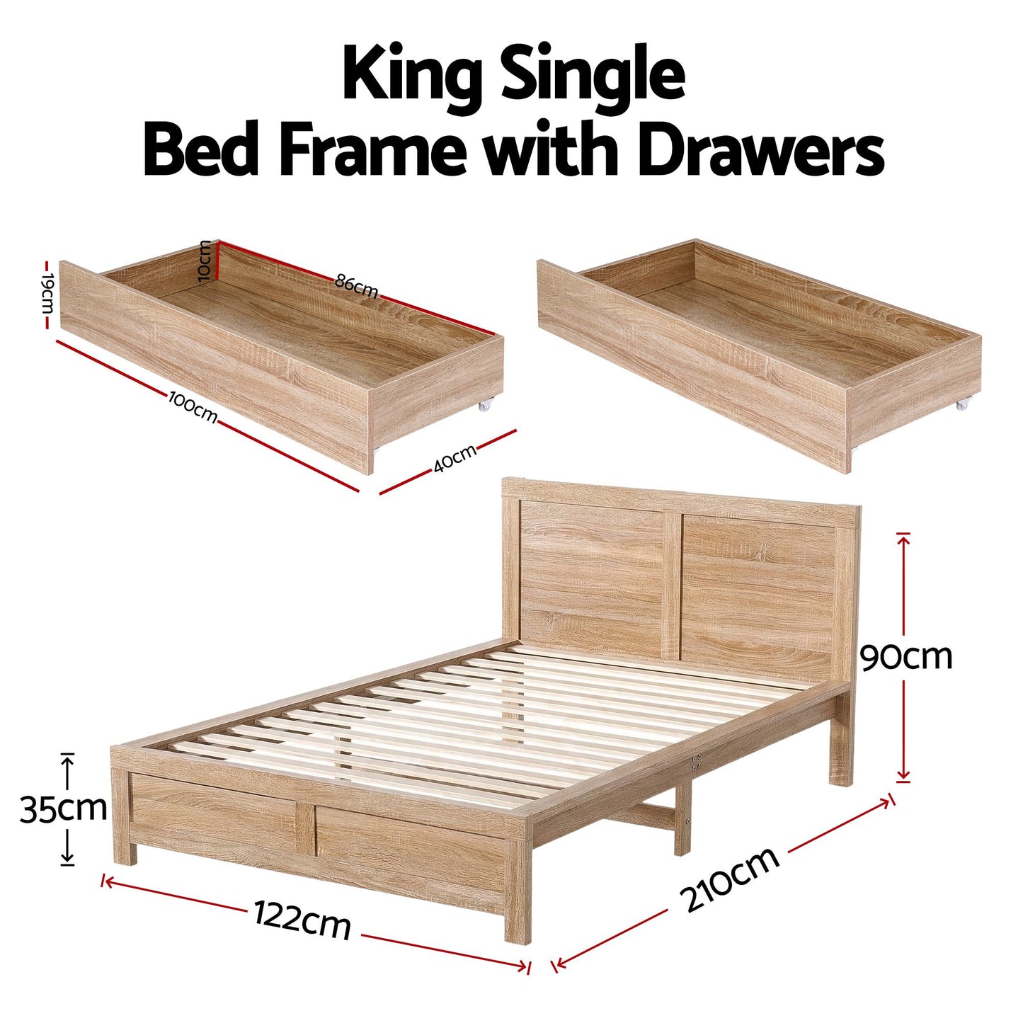 King Single Size Bed Frame with 2 Drawers Bedroom Furniture