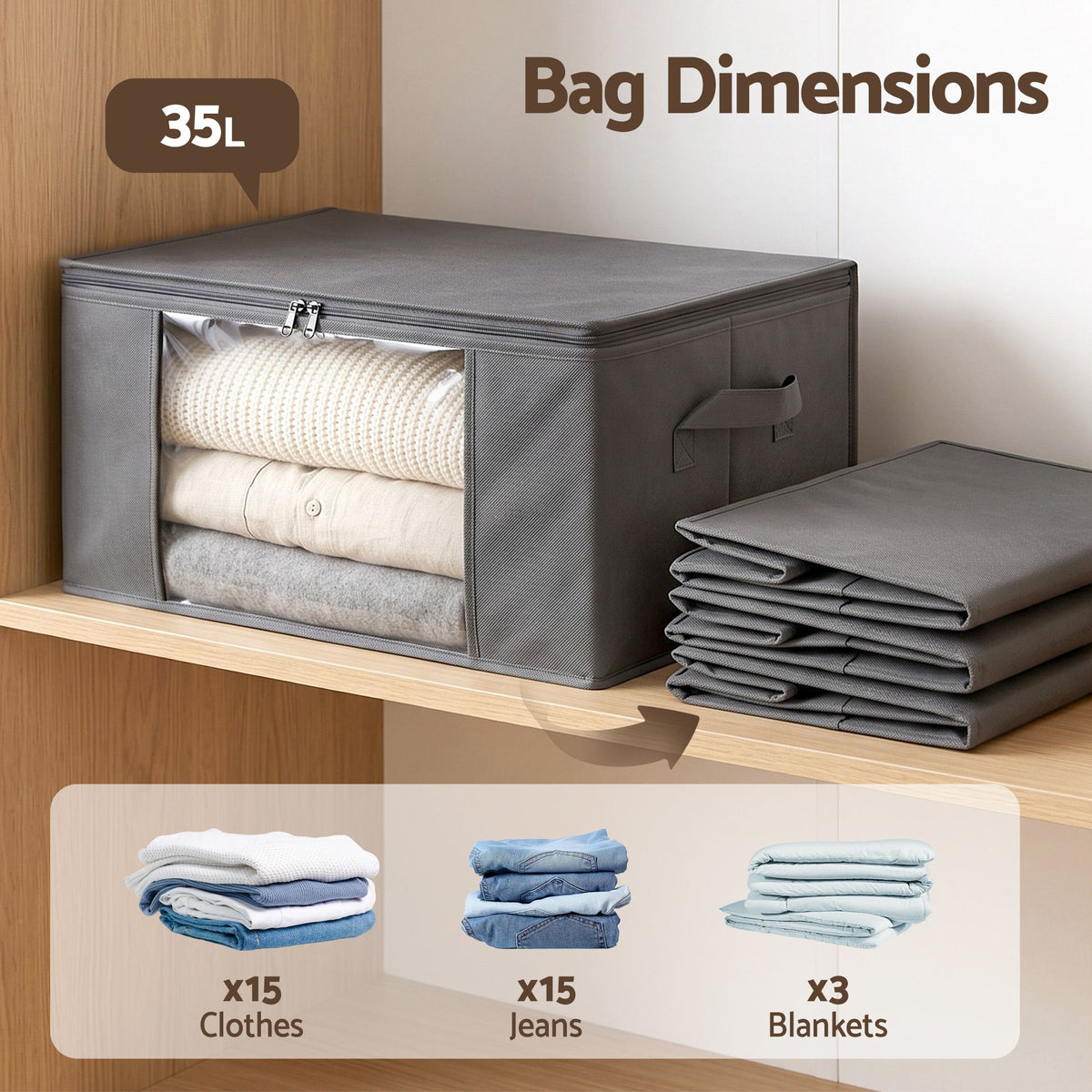 6 Packs Clothes Storage Bags 35L Foldable Closet Organizer Storage Bins