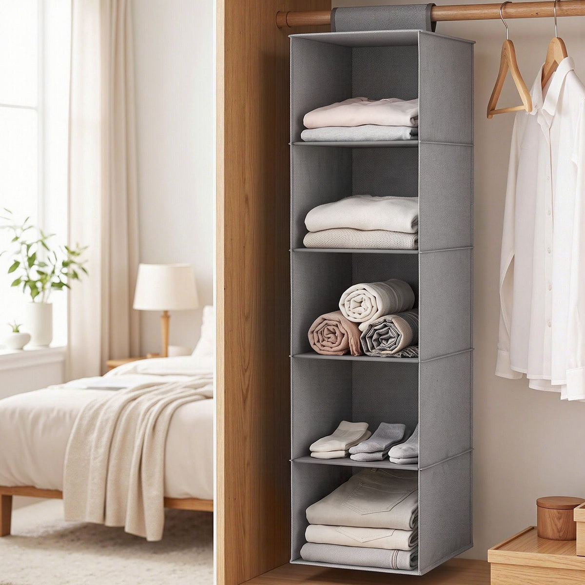 Hanging Closet Organiser 5 Tier Wardrobe Storage Grey 104cm