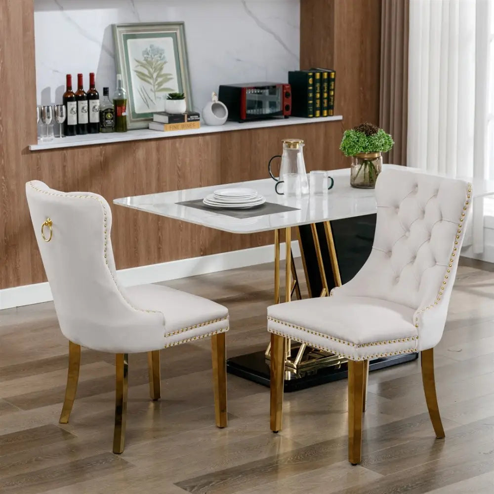 Aaden 2x Velvet Dining Chairs with Golden Metal Legs-beige