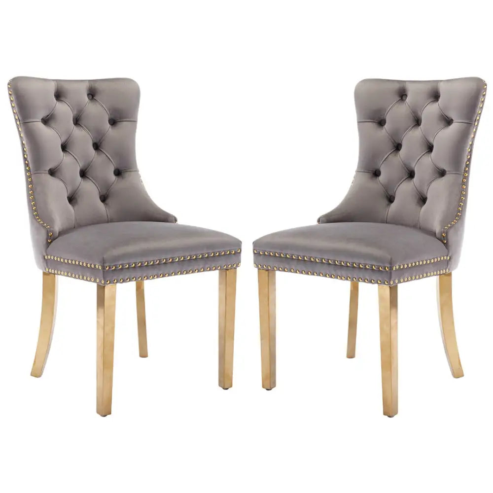Aaden 2x Velvet Dining Chairs with Golden Metal Legs-grey