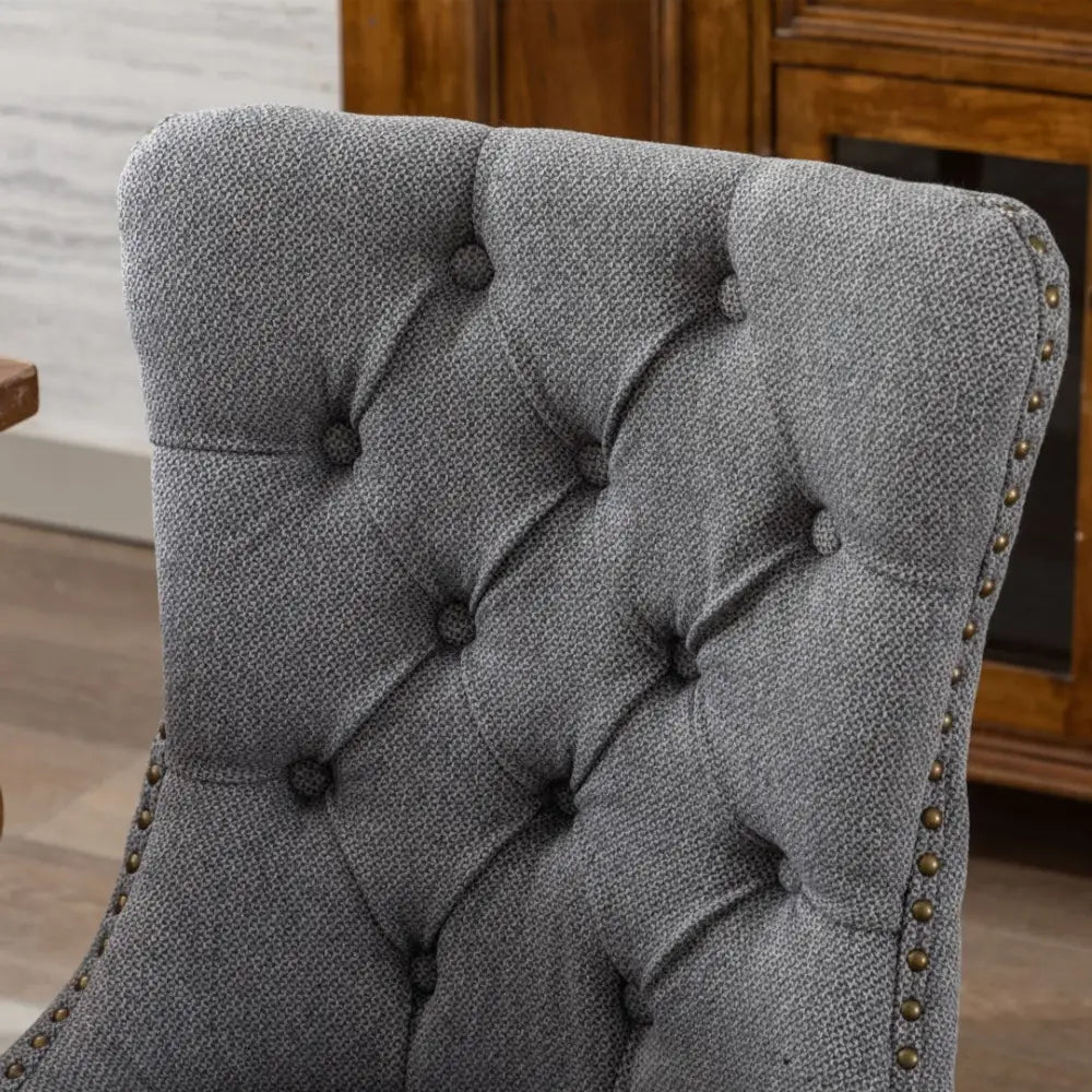 Aaden Modern Elegant Button-tufted Upholstered Fabric with Studs Trim and Wooden Legs Dining Side Chair-gray