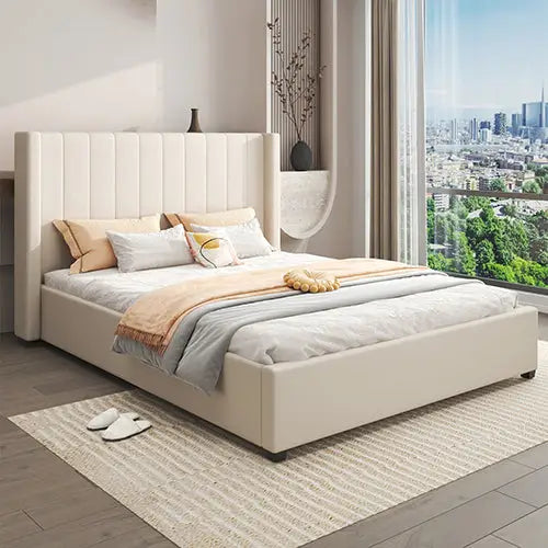 Alexa Queen Size High Rise Headboard Linen Beige Fabric Four Mdf Drawers with Wheels Bed Frame
