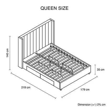Alexa Queen Size High Rise Headboard Linen Beige Fabric Four Mdf Drawers with Wheels Bed Frame