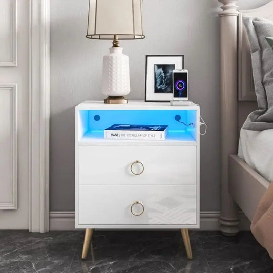 Amelia Modern Led Bedside Table with Usb and Power Socket White