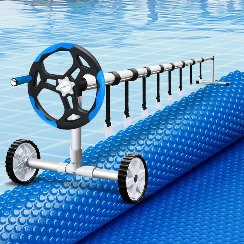 Blue cover, Silver roller 7m x 4m solar pool cover 600 micron - blue with roller - Cover: 7m x 4m; Roller: 5.55m max width, alumin