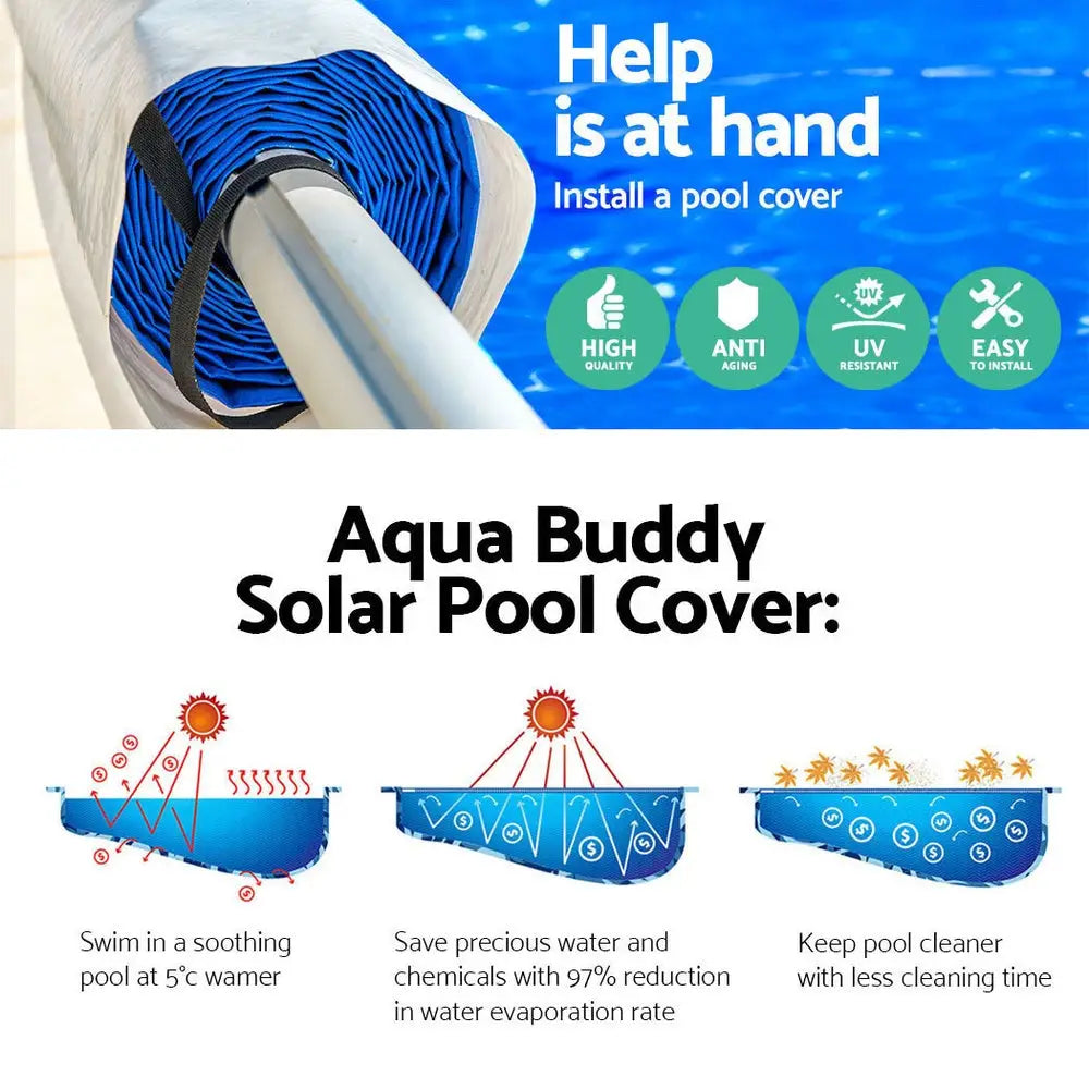 Aquabuddy Pool Cover 500 Micron 8.5x4.2m Silver Swimming Solar Blanket 5.5m Blue Roller