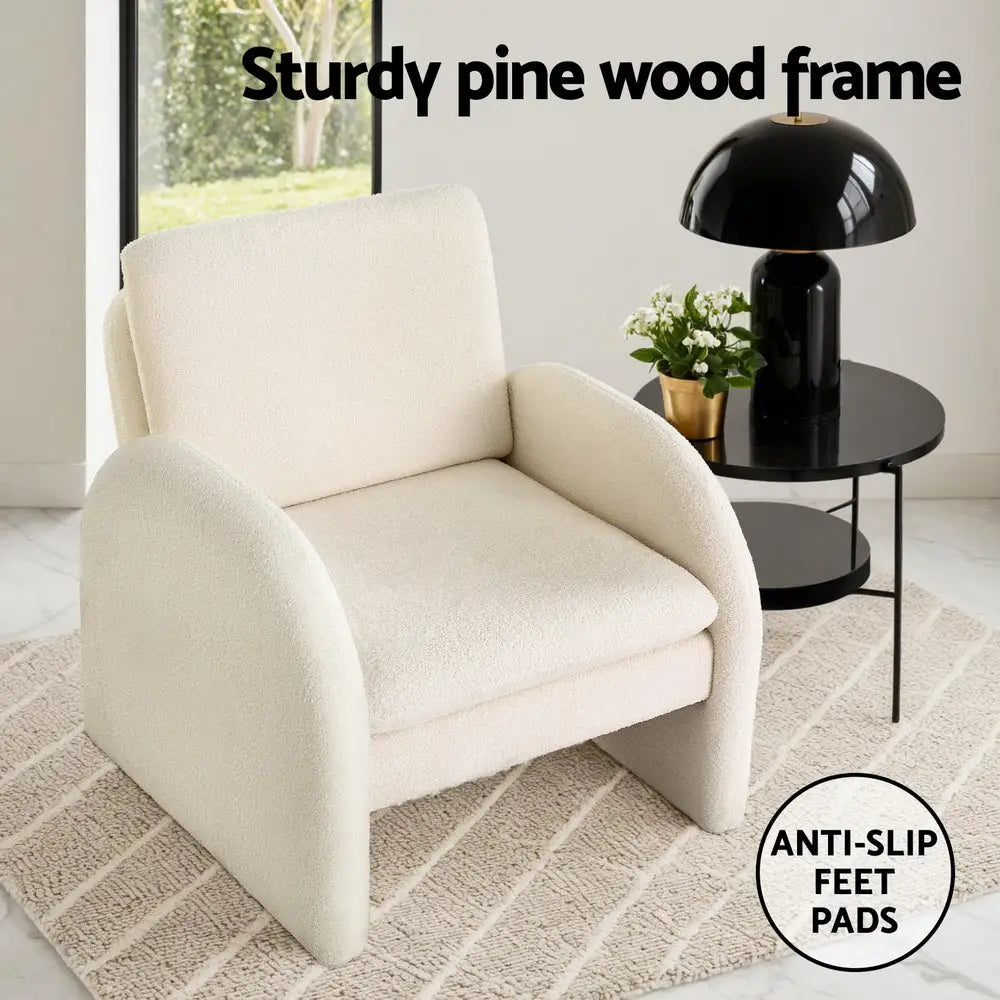 Armchair Accent Chair Lounge Tub Sofa Couch Curved Arm Seat Boucle White