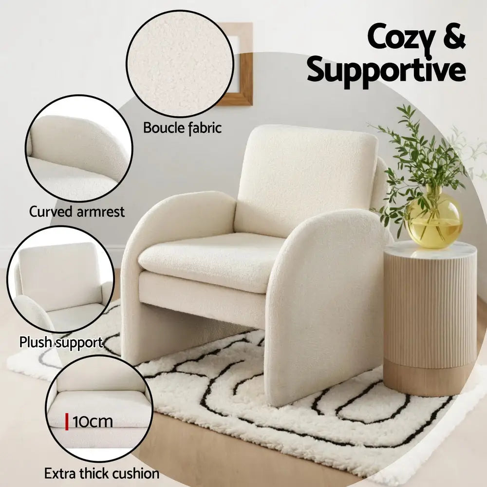 Armchair Accent Chair Lounge Tub Sofa Couch Curved Arm Seat Boucle White