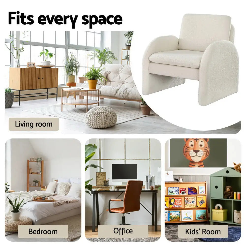 Armchair Accent Chair Lounge Tub Sofa Couch Curved Arm Seat Boucle White
